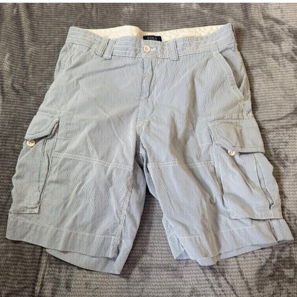 Polo Ralph‎ Lauren Mens 36X10 Seersucker Cargo Shorts Blue White Striped Chino.